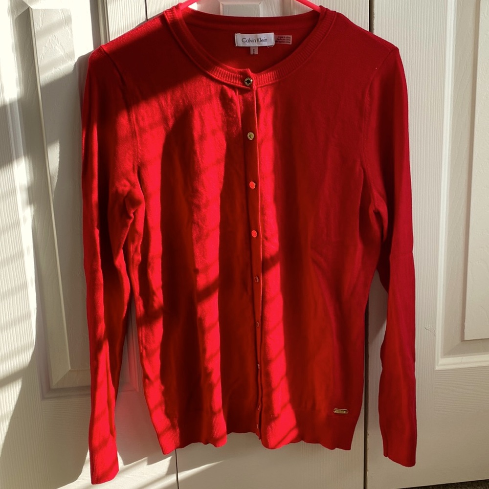 New Red Calvin Klein Cardigan with Gold Buttons
